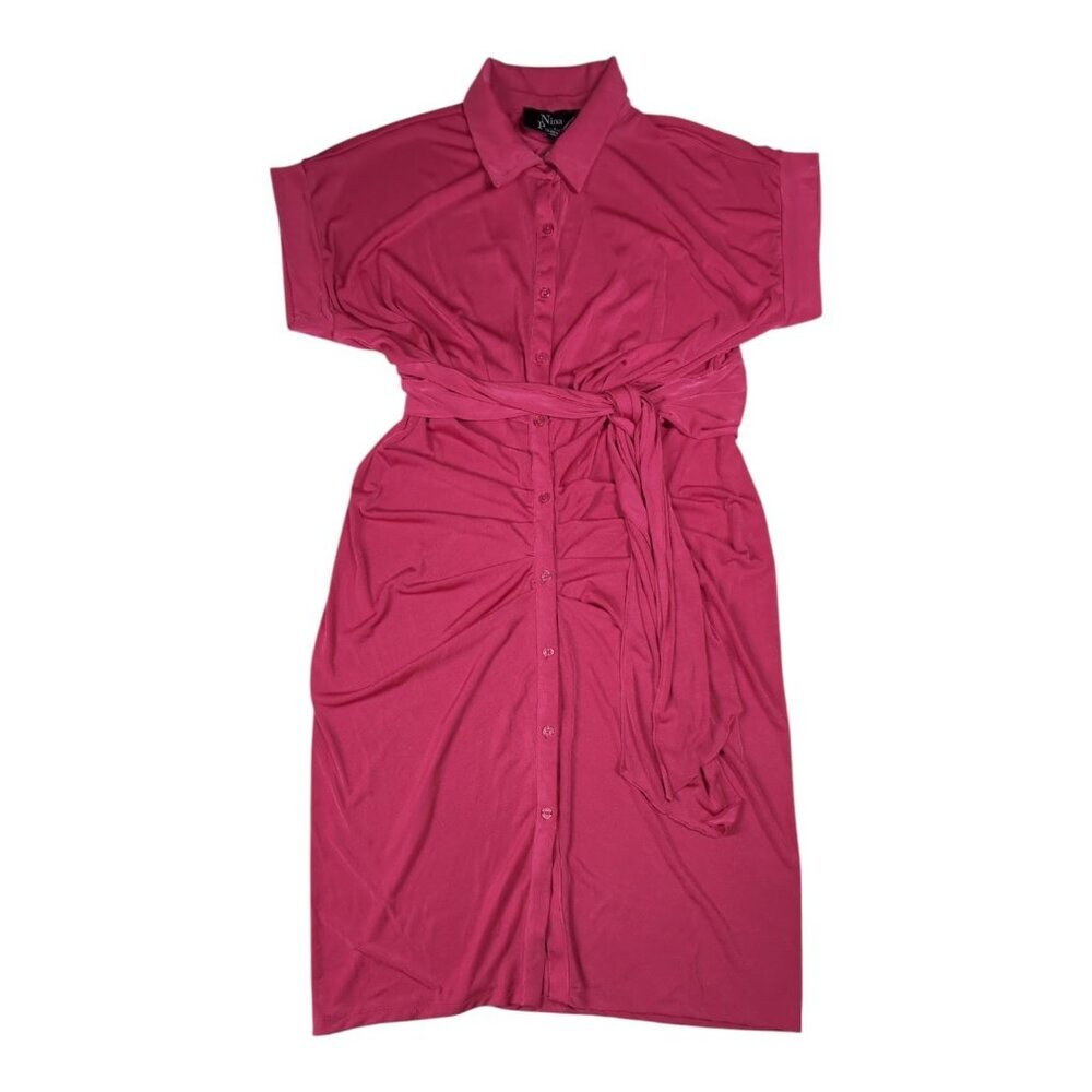 Nina‎ Parker Ruched Shirt Dress Womens 2X Pink Career Button-Up Short Sleeve